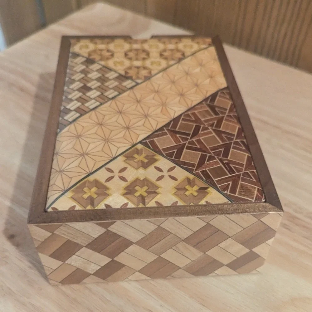 VTG Japanese Hakone Yosegi Zaiku Wood Mosaic Jewelry Box with Mirror Marquetry